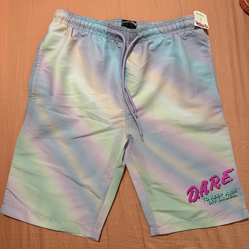D.A.R.E Multicolor Pastel/Rainbow Swim Trunks / Shorts Size S/P US Mens